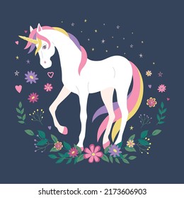 A flat illustration with a unicorn, flowers, stars.