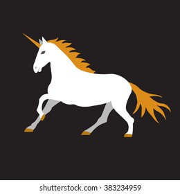 Ve?tor flat illustration of unicorn on black background. Element for design. White, gray, orange colors.