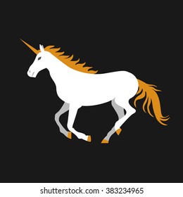 Ve?tor flat illustration of unicorn on black background. Element for design. White, gray, orange colors.