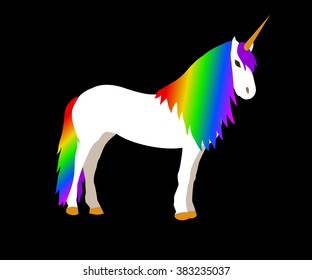 Ve?tor flat illustration of unicorn on black background. Element for design. White, gray, orange colors.