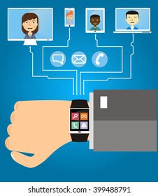 Flat illustration of usabiity smart intelligence wrist watch for social networks