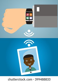 Flat illustration of usabiity smart intelligence wrist watch for social networks