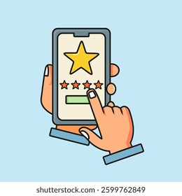 Flat Illustration User Giving Five Star Rating on Mobile App, Customer Feedback System. Light Blue Background. Business and Technology Concept