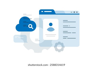 Flat illustration of a user history page featuring an avatar, clouds, text, and UI elements. This concept represents data search history,  personalized recommendations, user preferences or behavior