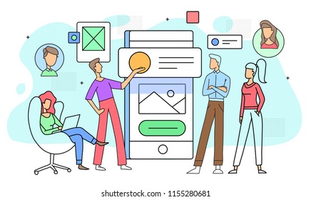 flat illustration of users with mobile phone and interface elements