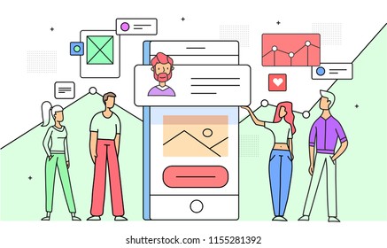 flat illustration of users with mobile phone and interface elements and chart on background