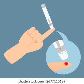Flache Abbildung der Verwendung eines Lanzettenstifts für Bluttests. Stechen eines Fingers mit einem Lanzettenstift. Diabeteskontrollgerät. 