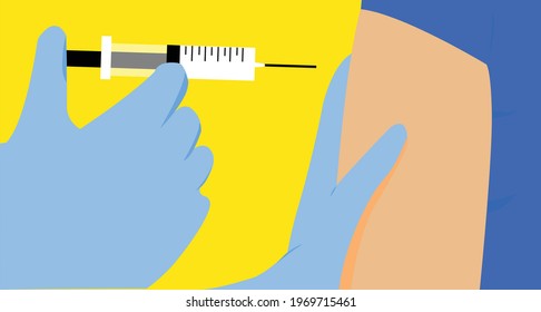 Flat illustration of vaccination, where a doctor is about to vaccinate a man with syringe.