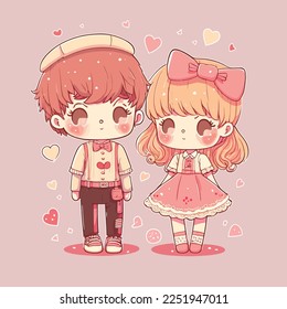 flat illustration for valentine's day celebration, cute couple in kawaii style