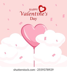 Flat illustration valentines day greeting card, pink balloon with ornament, smooth pinky cloud, pinky background