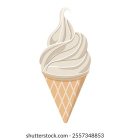 Flat illustration of vanilla ice cream in a waffle cone. Beige and white cartoon ice cream on white background. Swirl of soft serve ice cream.Vector illustration of a sweet dessert in cartoon.