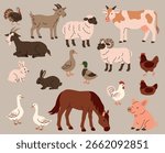 Flat illustration of various farm animals including cow, pig, sheep, goat, duck, goose, turkey, chicken, and rooster. Cute cartoon style on beige background, perfect for childrens books and farm