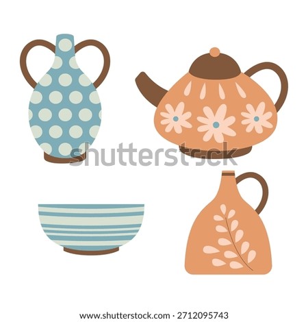 Flat Illustration of Various Handcrafted Ceramics Pot, Teapot, and Bowl Design