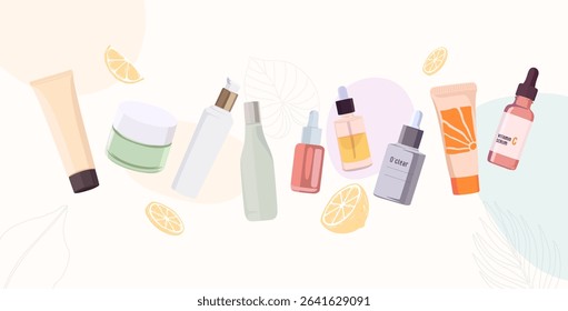 Flat illustration of various skincare cosmetic bottles, jars, and tubes with citrus slices and leaves on a soft background. Ideal for beauty, skincare, and wellness themes