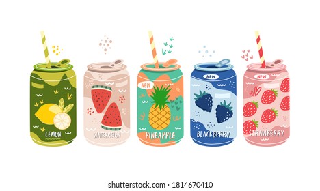 Flat illustration various tasty Sodas. Vector set of soft drinks in aluminum cans. Carbonated water with different fruit flavors. Trendy illustration on isolated white background