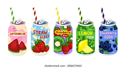 Flat illustration various tasty Sodas. Carbonated water with different fruit flavors. Kawaii asian style.