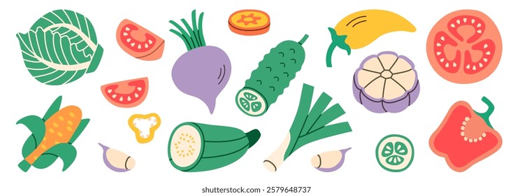 Flat illustration of various vegetables including cabbage, tomato, beetroot, cucumber, corn, zucchini, garlic, bell pepper, chili. Bright, colorful design perfect for healthy food, cooking, projects.