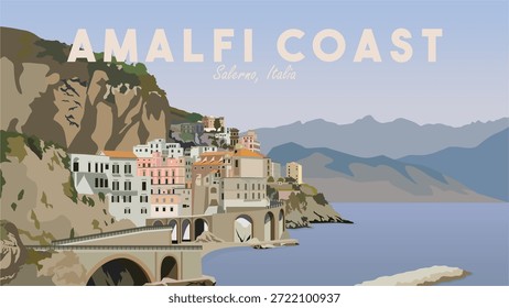 Flache Illustration Vektor der Almafi Küste, Salerno, Italia mit einem hellen Himmel, Stadt und Berge. Gestaltung von Social Media, Banner, Poster, Newsletter, Anzeigen, Broschüre, Plakat, Broschüre, Wallpaper, Flyer.