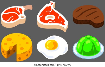 Flat illustration or vector art of delicious food like cheese, jelly, egg and meat.