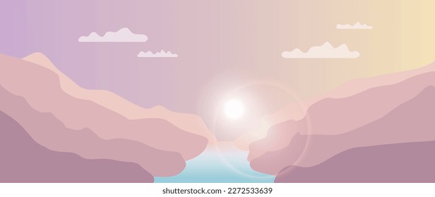 Flat illustration. Vector background. Landscape with silhouettes of purple-brown mountains with a turquoise river, sunlight and clouds. Perfect for screensaver, card, invitation or textile.