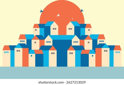 Flat illustration vector in bright colors. Geometric house background design
