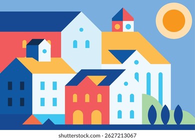 Vetor de ilustração plana em cores brilhantes. Projeto de fundo geométrico da casa