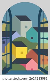 Vector de ilustración plana en colores brillantes. Diseño de fondo geométrico de la casa