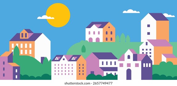 Vetor de ilustração plana em cores brilhantes. Projeto de fundo geométrico da casa