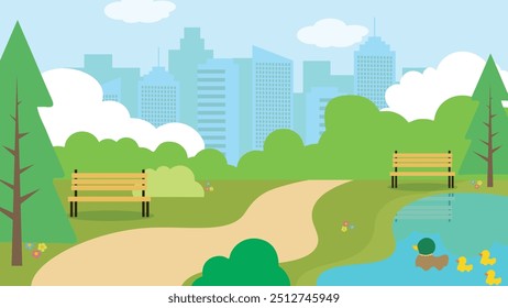 flat illustration vector city park landscape view with sitting bench, lake pond, pine trees, some flowers, ducks, clouds, bushes, and city silhouette