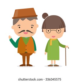 Flat illustration vector design of Grandmother and grandfather happy and smiling on white background