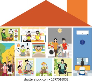 flat illustration vector design of work from home activity to prevent covid-19 corona virus concept