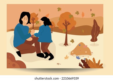 flat illustration vector the family is playing and cleaning the dry leaves in autumn in front of the house cheerfully and happily welcoming autumn