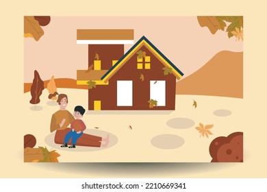 flat illustration vector the family is playing and cleaning the dry leaves in autumn in front of the house cheerfully and happily welcoming autumn
