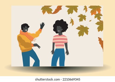 flat illustration vector the family is playing and cleaning the dry leaves in autumn in front of the house cheerfully and happily welcoming autumn