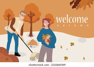flat illustration vector the family is playing and cleaning the dry leaves in autumn in front of the house cheerfully and happily welcoming autumn