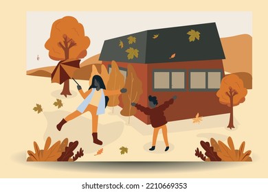 flat illustration vector the family is playing and cleaning the dry leaves in autumn in front of the house cheerfully and happily welcoming autumn