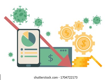 Vector de ilustración plana del impacto económico global del coronavirus novedoso COVID-19 . El virus afecta a la economía global. Gráfico gráfico de economía abajo y flecha roja abajo.