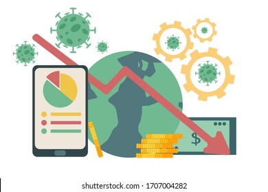 Vector de ilustración plana del impacto económico global del coronavirus novedoso COVID-19 . El virus afecta a la economía global. Gráfico gráfico de economía abajo y flecha roja abajo.