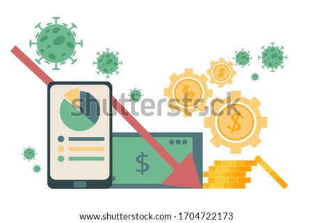 Flat illustration vector of The global economics Impact of COVID-19 novel coronavirus . The virus affects the global economy. Economy graph chart down and red arrow down.