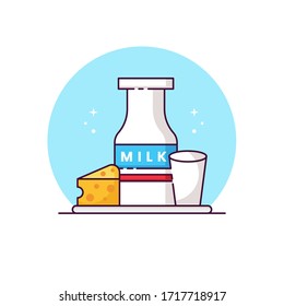 Botella gráfica Vectorial de Ilustración Plana de Leche, Vidrio y Queso. Es bueno para el menú de tu libro, iconos, anuncios de medios sociales, etc.