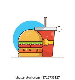 Flat Illustration Vector Graphic of Burger and Cold Soda Fast Food. Perfect for Greeting Card, Invitation Card, Poster, Banner, Icon, Menu, etc.