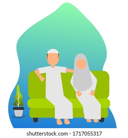 flat illustration vector graphic of chatting casually with his wife at home good for Ramadan needs. flat design. Muslim illustration.flat illustration.