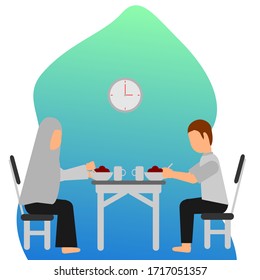 flat illustration vector graphic of couple eat Sahur good for Ramadan needs. flat design. Muslim illustration.flat illustration.