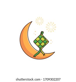 Flat Illustration Vector Graphic of Crescent Moon and Ketupat (Steamed Diamond Shaped Rice, Traditional Food Indonesian). Perfect for Greeting Card, Invitation Card, and Islamic Poster.