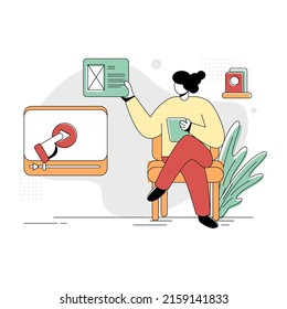 Flat Illustration Vector Graphic of E-Learning, concept of a woman studying through an ipad and sitting on a chair beside a bookshelf, minimal retro style in green red yellow, perfect for ui ux