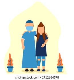 flat illustration vector graphic of embrace fellow Muslims during Ramadan wearing mask good for promotion welcomes Ramadan. flat design. health service advertisements.