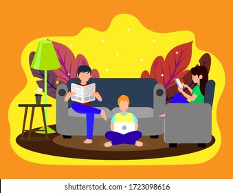 Flat Illustration vector graphic of families reading newspaper and using technology to connect each other