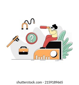 Flat Illustration Vector Graphic of Future Professions, concept of a woman using binoculars to choose a profession while sitting on a ruler, Retro style minimal green red yellow, perfect for ui ux