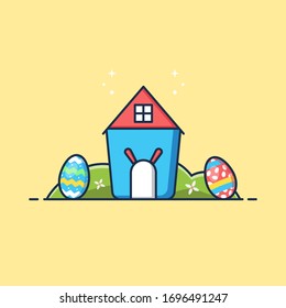 Flat Illustration Vector Graphic of House, Egg, and Grass. Perfect for Happy Easter Element, Web Banner, Social Media, and etc.