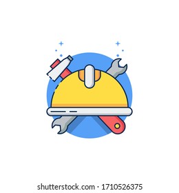 Gráfica de Vector de Ilustración Plana del Día Internacional del Trabajo Diseño de sombreros duros Aislados Martillo y Llave. Perfecto para tarjetas de felicitación, tarjetas de invitación, carteles, pancartas, iconos, etc.